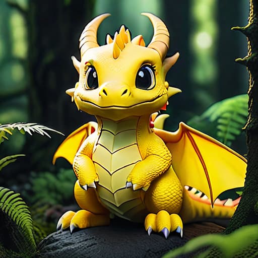  Cute Yellow dragon In forest hyperrealistic, full body, detailed clothing, highly detailed, cinematic lighting, stunningly beautiful, intricate, sharp focus, f/1. 8, 85mm, (centered image composition), (professionally color graded), ((bright soft diffused light)), volumetric fog, trending on instagram, trending on tumblr, HDR 4K, 8K