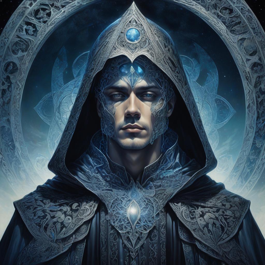  judge on the throne. black dungeon. a man in a cloak and hood. the man in the grotto. judge on the throne. black dungeon. moon. moonlight. big moon. silver rays. (portal: 1,5). portal room. (mirrors: 1.5). (mirror in wall: 1.5). mirror shows blue sky, field, sunlight. another world. double exposure. detailed, detailed drawing. stylistics: intricate zentangle patterns in the manner of karol bak, rahaf dk albab, andrew jones. bright colors. high quality and detail. hdr. masterpiece. double exposure.