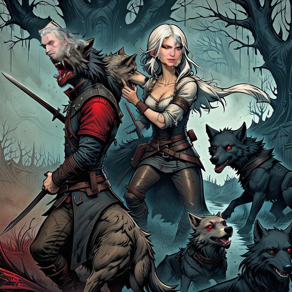  graffiti style the pages of a dark book of fairy tales :: (witcher 3 battle scene with ciri and geralt) :: creepy wolves with red eyes in the background :: by john kenn mortensen + joe fenton :: contrasting lines, dark colors, burned pages, 8k resolution dark fantasy art, underground comix, artstation :: by abigail larson + aaron horkey + amy sol . street art, vibrant, urban, detailed, tag, mural, t shirt design, on parchment