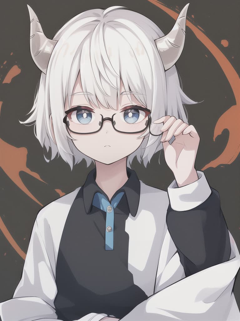  White hair, short hair, disturbed hair, boyish, boy, white clothes, polo shirts, black horns, glasses, upper body, cute, sitting, under rim glasses, holding glasses with both hands, blue and beautiful. Nah, bouncing hair, masterpiece, best quality,8k,ultra detailed,high resolution,an extremely delicate and beautiful,hyper detail