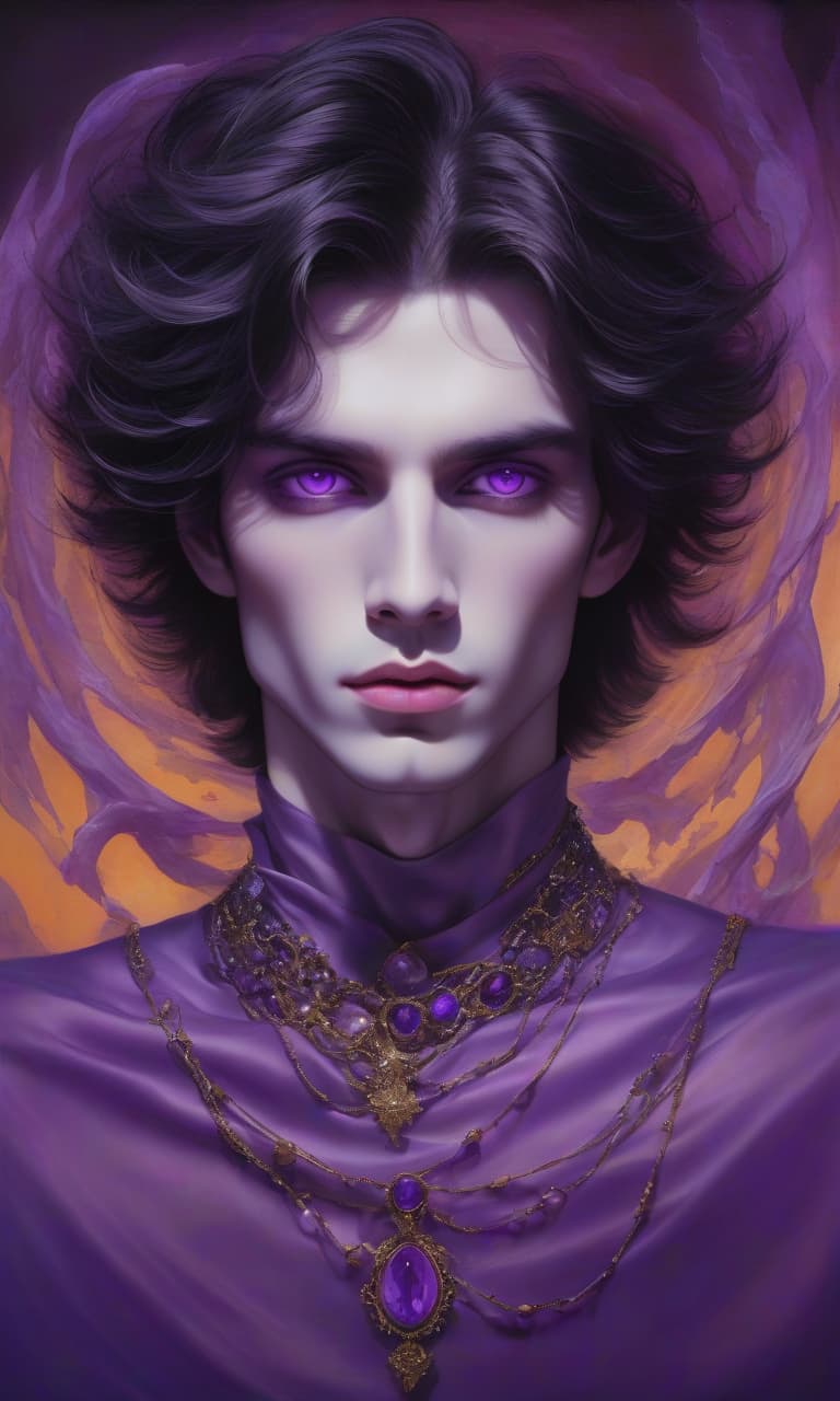  mystical male portrait radiating unearthly charm: porcelain skin, almond shaped violet eyes, dark hair adorned with bright violet jewelry. bright lips framed in a dreamy haze against a warm glowing background create a fantastic atmosphere of elegance and beauty. create an ethereal male portrait with a mystical aura. he has clear skin, large almond shaped violet eyes and full lips of a soft neutral shade. his face is framed by a mass of dark hair transitioning into bright violet jewelry, including a large one on the right side of the composition. jewelry of various sizes intertwine with his elements that give the impression of movement around his head, as if carried by a light breeze. the background is a textured gradient with deep, cool am