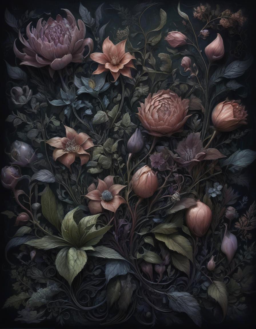  дерево артишок в лесу, dark botanical art, fantasy, intricate, mysterious, phantasmagoria, Босх