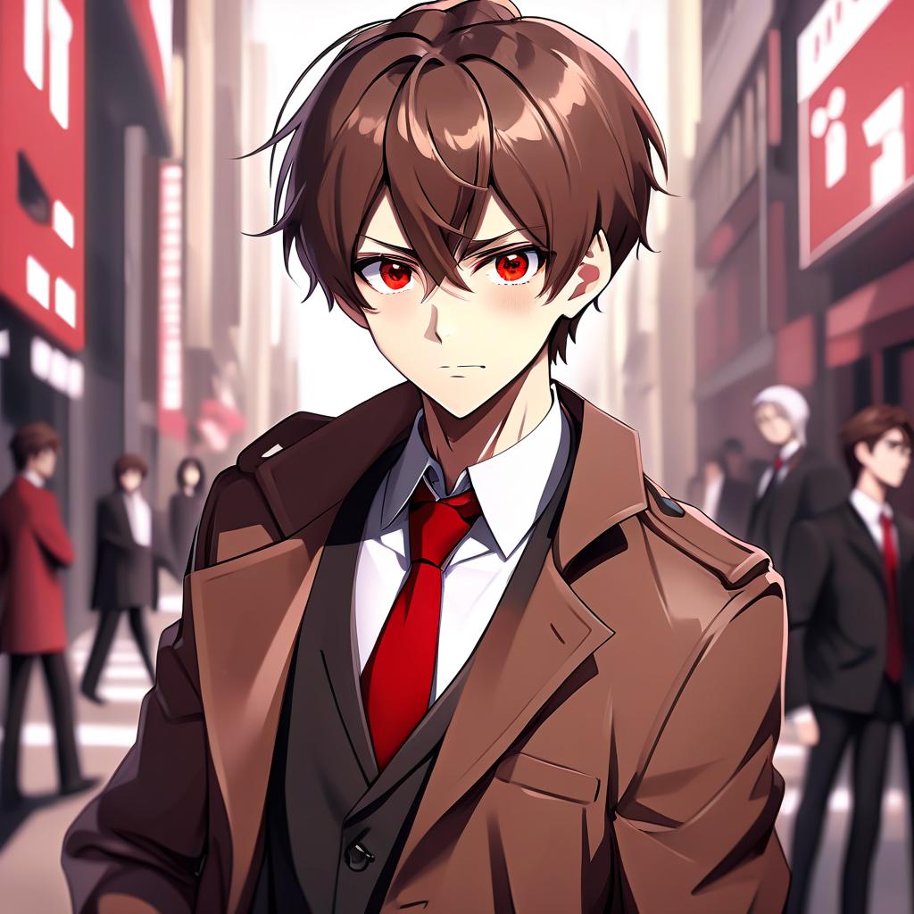  anime artwork a guy with a short brown haircut and a beard in a brown coat in black trousers and a red tie with brown eyes . anime style, key visual, vibrant, studio anime, highly detailed