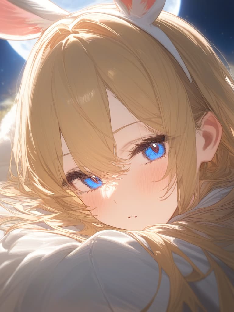  blonde, blue eyes, moon viewing, rabbit ears, masterpiece, best quality,8k,ultra detailed,high resolution,an extremely delicate and beautiful,hyper detail