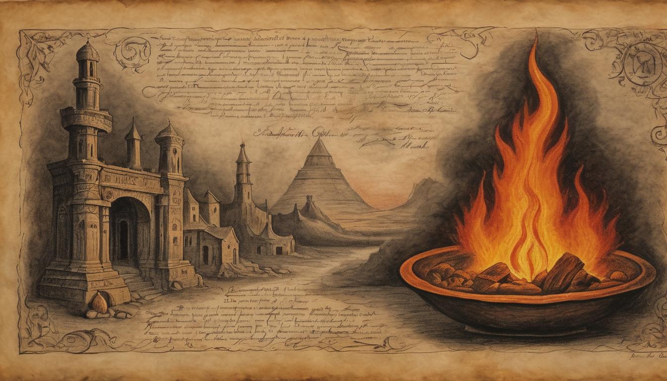  on parchment, surrealism++, ancient refining forge, blazing fire, crucible glowing with intense heat, dark and grim(mysterious, provocative, symbolic)++