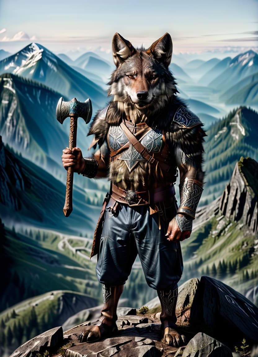  an evil wolf with a human body stands on the side of a mountain, his body is dressed with iron armor with runes of silver, in his hands he holds an axe with runes, his eyes are directed to the distance, civitai