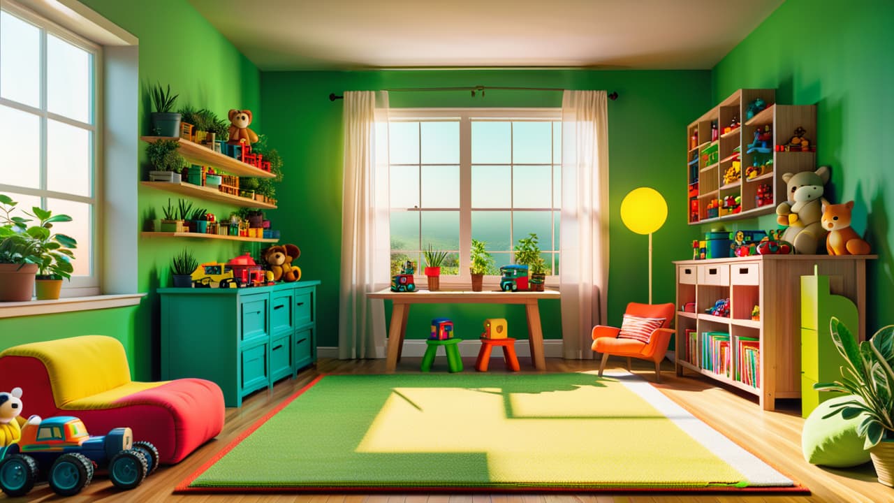  a vibrant playroom filled with colorful green toys made from recycled materials, surrounded by plants. sunlight streams through a window, illuminating a cozy atmosphere, showcasing eco friendly playtime with wooden blocks and plush animals. hyperrealistic, full body, detailed clothing, highly detailed, cinematic lighting, stunningly beautiful, intricate, sharp focus, f/1. 8, 85mm, (centered image composition), (professionally color graded), ((bright soft diffused light)), volumetric fog, trending on instagram, trending on tumblr, HDR 4K, 8K