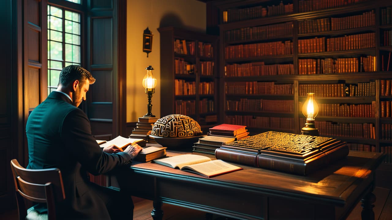  an intricate, dimly lit room filled with various puzzles, riddles, and brain teasers on wooden tables, with a shadowy figure contemplating a complex maze, surrounded by old books and mysterious artifacts. hyperrealistic, full body, detailed clothing, highly detailed, cinematic lighting, stunningly beautiful, intricate, sharp focus, f/1. 8, 85mm, (centered image composition), (professionally color graded), ((bright soft diffused light)), volumetric fog, trending on instagram, trending on tumblr, HDR 4K, 8K