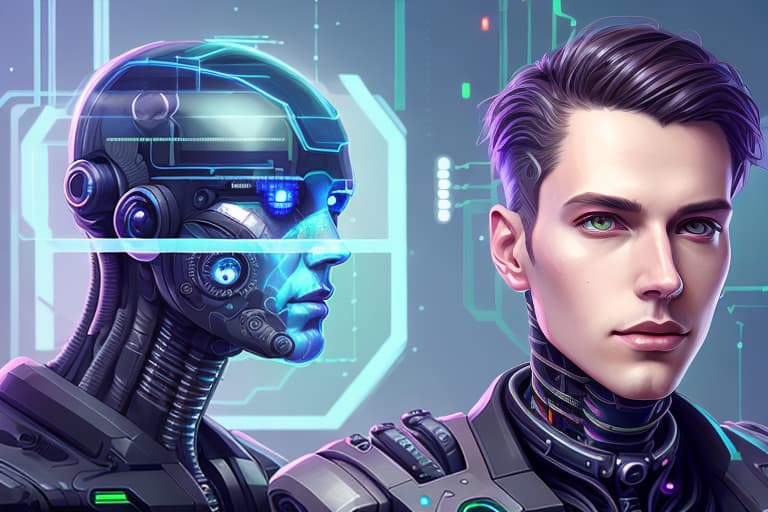  A whirlwind inside the metaverse, guy, male, man, hologram, half body, neurochip, android, cyborg, cyberpunk face, by loish, d & d, fantasy, intricate, elegant, highly detailed, colorful, digital painting, artstation, concept art