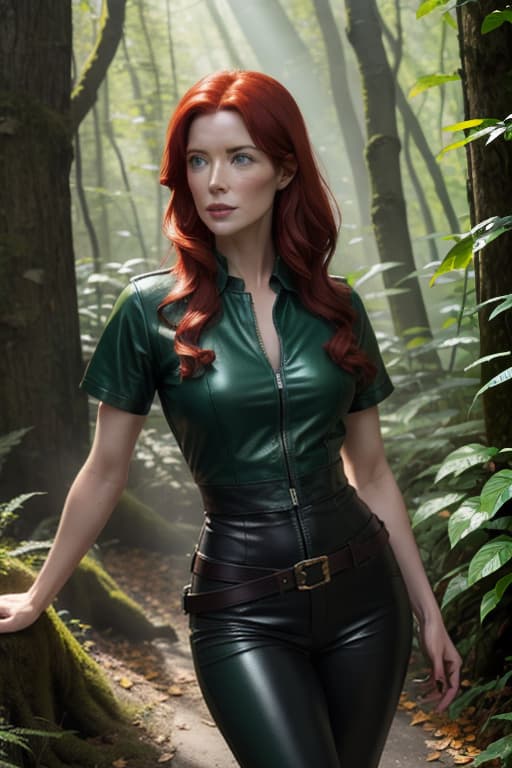  Bridget Regan with straight red hair, ((green eyes)), neon green cotton T-shirt, black leather pants, ivy leaves, leaves in hair, in the woods