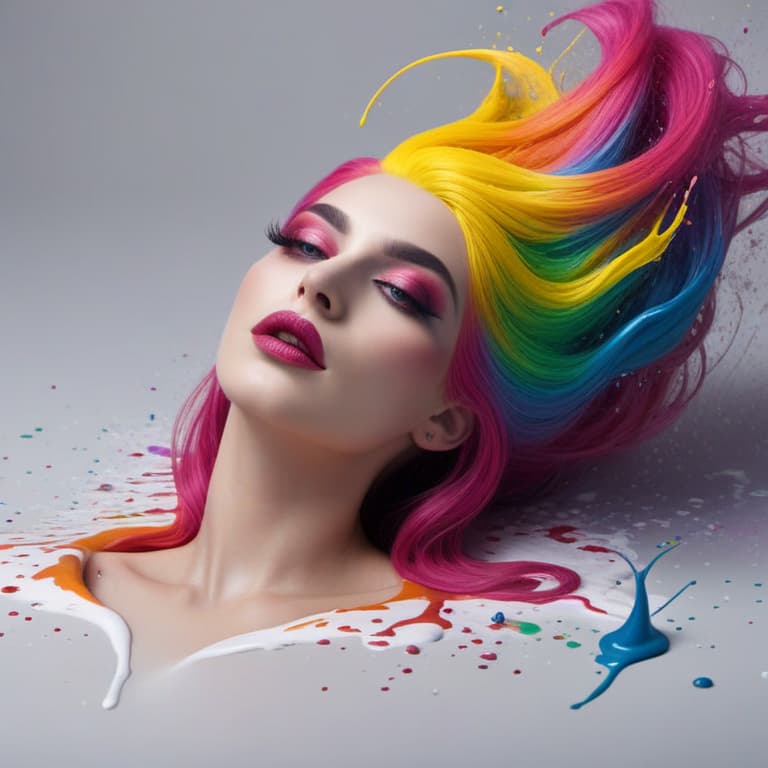  photo of a beautiful goth girl with thick flowing (liquid paint rainbow hair:1.1) laying on her back made of paint and defies gravity, from above, highly detailed, intricate, amazing, trending, paint splatter, paint drops <lora:sdxlpaintsplash:0.7> colorsplash 8k, high quality, photo hyperrealistic, full body, detailed clothing, highly detailed, cinematic lighting, stunningly beautiful, intricate, sharp focus, f/1. 8, 85mm, (centered image composition), (professionally color graded), ((bright soft diffused light)), volumetric fog, trending on instagram, trending on tumblr, HDR 4K, 8K