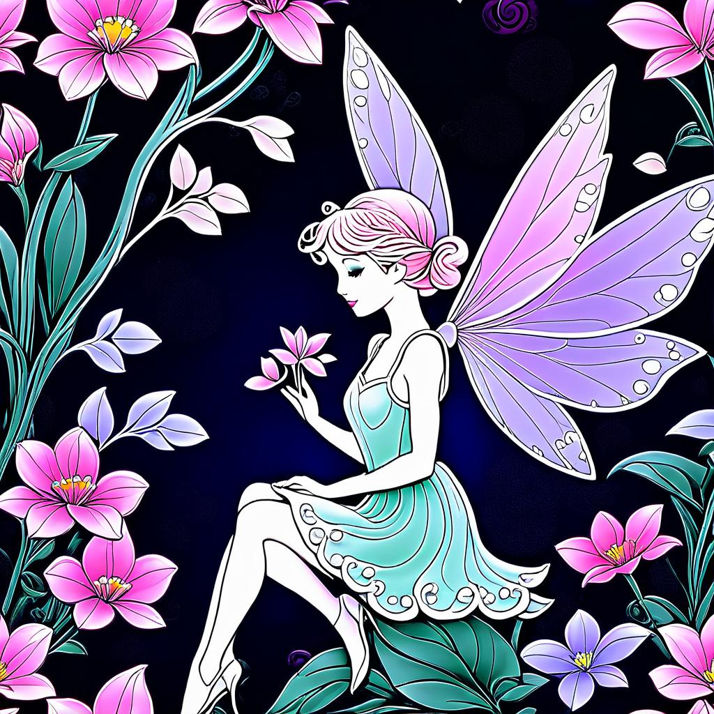  advertising poster style ((flower fairy shop)) ( a small house with a tiled roof and carved windows surrounded by flowers of scarlet, pink, crocus((in the bud of a blossoming flower sits an enchanting fairy and invites customers into her shop. (1.5 fine, fine fractal glitter bright petal line ink sketch on black background, (pixie petal silhouette 1.3), bud outline outline, bud outline, pixie fairy leaves with wings. (flower colour):alo pink, white pink, pearl blue, pearl blue, snow white) . (style):fantasy, art design, provence, advertising, window display, (colours):soft pink, light lavender, white, soft green, all pastel shades. . professional, modern, product focused, commercial, eye catching, highly detailed