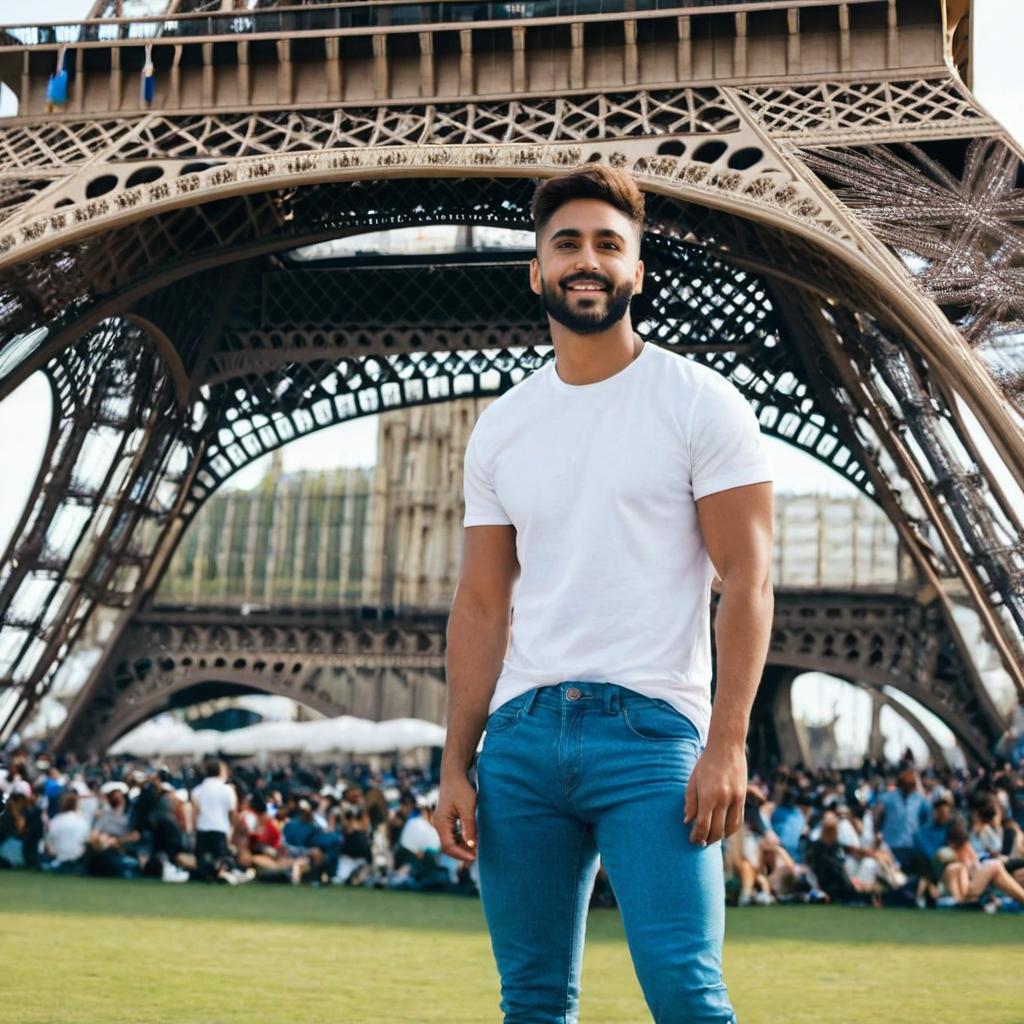  a person in casual attire standing in front of the eiffel tower. the person is wearing a white t shirt, blue jeans, and sneakers.