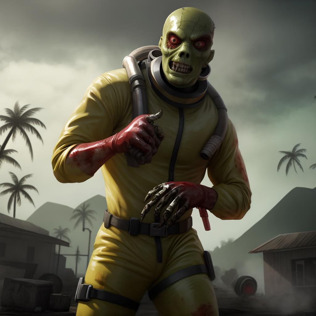  Mutated zombie in a full body radiation hazmat suit with rubber gloves (dead island), open eyes, digital art, masterpiece, 4k, fine details,