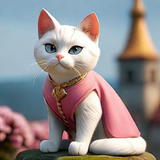  A white cat is wearing a pink dress with the Kingdom of France in the background. hyperrealistic, full body, detailed clothing, highly detailed, cinematic lighting, stunningly beautiful, intricate, sharp focus, f/1. 8, 85mm, (centered image composition), (professionally color graded), ((bright soft diffused light)), volumetric fog, trending on instagram, trending on tumblr, HDR 4K, 8K