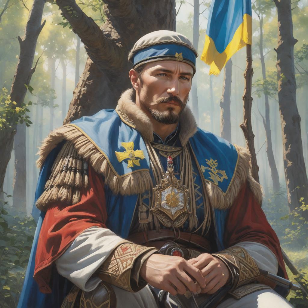  a sunny day, a ukrainian cossack is sitting under a tree, the flag of ukraine is growing behind him, a wild wolf is nearby. sings let's sing a song, brothers about our native ukraine, about the blooming, native land, let's sing, sing., watercolor, trending on artstation, sharp focus, studio photo, intricate details, highly detailed, by greg rutkowski hyperrealistic, full body, detailed clothing, highly detailed, cinematic lighting, stunningly beautiful, intricate, sharp focus, f/1. 8, 85mm, (centered image composition), (professionally color graded), ((bright soft diffused light)), volumetric fog, trending on instagram, trending on tumblr, HDR 4K, 8K