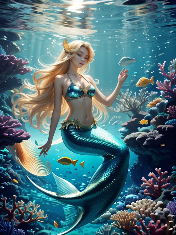  master piece, best quality, ultra detailed, highres, 4k.8k, mermaid with a fish tail, swimming gracefully, combing her hair, serene and beautiful, break an enchanting mermaid with a blonde hair and a fish tail., underwater coral reef, coral, seashells, colorful fish, seaweed, break magical and tranquil, sunlight shining through the water, creating a mesmerizing effect, lunarpunkai