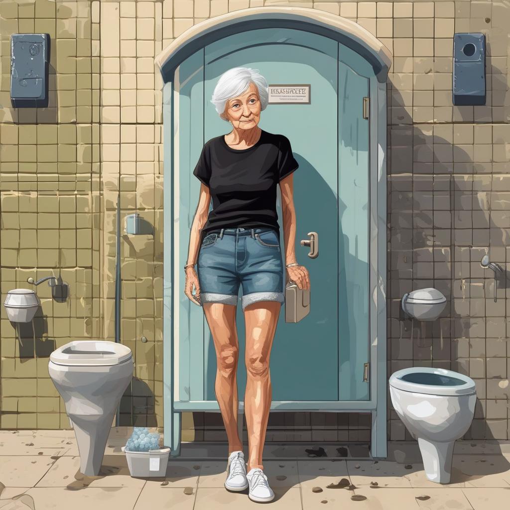  masterpiece, best quality, skinny old woman short black hair white shoes denim shorts black shirt standing in dirty public toilet