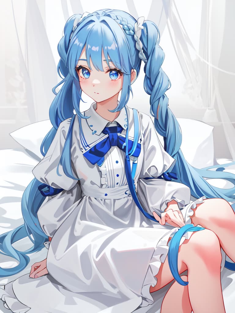  Braid twin tail blue hair, eyes red, quiet feeling, white dress, masterpiece, best quality,8k,ultra detailed,high resolution,an extremely delicate and beautiful,hyper detail