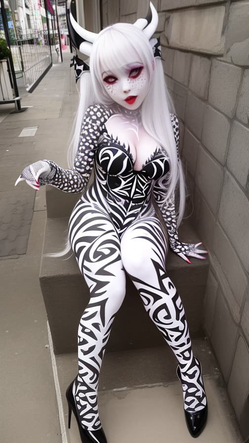  White Spider-patterned body paint in every corner of the whole body, full-body, Blark body paint, Silver face paint on the face, succubus 女の子