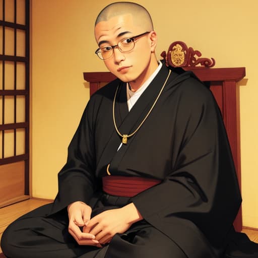  A bespectacled, smooth-headed monk in a black kesa sitting in front of a Buddha statue, retro.
