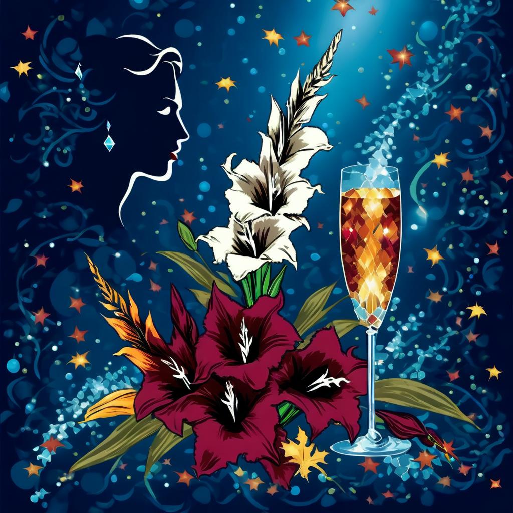  dreamscape (crystal tall glass):champagne with ice cubes and chocolate.(birthday card) card design: blue blue background with (((decorated with fine fractal glitter, bright leaves, ink sketch lines on a blue background, outlines, falling autumn leaves, silver swirls, autumn leaves, ((profile of a woman's face, in the style of autumn art fantasy 1,3)) . (in the centre of the card a bouquet with white gladioluses with the inscription (("for you"))).((bouquet of burgundy gladioluses surrounded by multicoloured foliage 1,2)) (colour of the bouquet): burgundy red with orange border. (foliage colour) :golden, silvery white, burgundy, green, golden green, (style):fantasy, design art, greeting cards. (style):fantasy, advertising, art design. . su