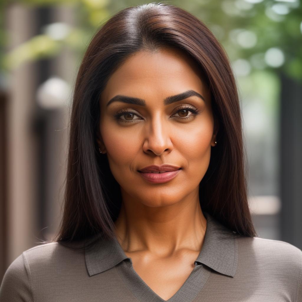  (((realistic full torso frontal head shot of a light brown to medium brown skin tone woman))), meera aishwarya patel, ((indian heritage)), mature face, hazel eye color, ((straight hair style)), ((black hair color)), ((athletic body type)), medium size, big size, (mature broad flat nose), (mature high cheekbones), (mature soft jawline), (mature medium lips), (mature prominent forehead), (mature symmetrical face), (mature arched eyebrows), standing straight looking directly into the camera,((wearing fitted polo shirt with deep v neck and monogrammed pocket)), backyard in background, 1, best quality, highest quality, award winning photo, masterpiece, raw, professional photography, photorealism, sharp focus, cinematic, high hyperrealistic, full body, detailed clothing, highly detailed, cinematic lighting, stunningly beautiful, intricate, sharp focus, f/1. 8, 85mm, (centered image composition), (professionally color graded), ((bright soft diffused light)), volumetric fog, trending on instagram, trending on tumblr, HDR 4K, 8K