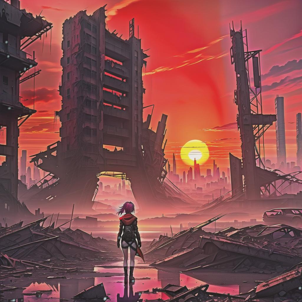  breathtaking high quality anime image, woman standing in a post apocalyptic landscape with ruined buildings, cyberpunk art, the red sunset . award winning, professional, highly detailed