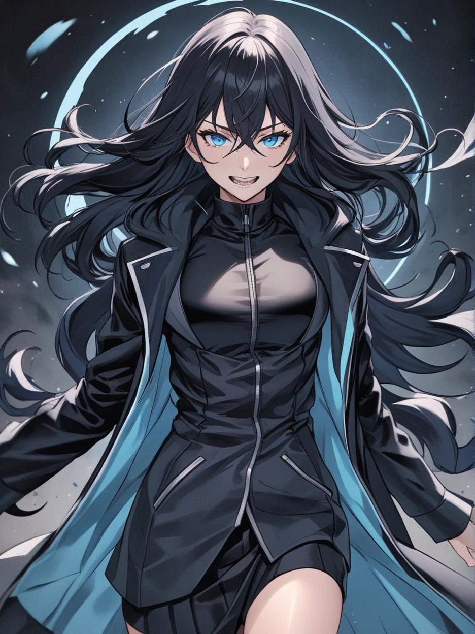  manga artwork manga art style, a woman with large sharp teeth. sharp teeth. light blue eyes. it has long black hair that flows freely, giving it a mysterious and imposing air. he wears a long black coat with wavy edges, which appear to be in constant motion, adding a sense of dynamism to his appearance. the coat is open at the front, revealing a fitted black outfit underneath, which highlights her slender and athletic figure. the background is a solid black, with an aura like circle framing the character's head, enhancing his silhouette and giving him an almost otherworldly look. hyper realistic atmospheres, detail, 8k. manga artist. manga, highly emotional. best quality, high resolution