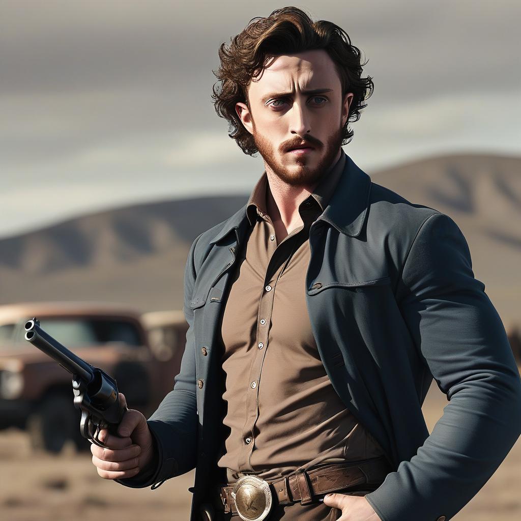  cowboy, aaron taylor johnson, full height, gloomy, with a gun