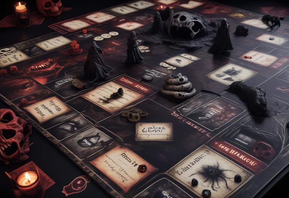  horror themed board game . eerie, unsettling, dark, spooky, suspenseful, grim, highly detailed, hkmagic