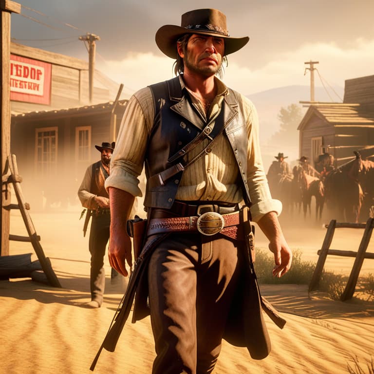  red dead redemption iii game poster hyperrealistic, full body, detailed clothing, highly detailed, cinematic lighting, stunningly beautiful, intricate, sharp focus, f/1. 8, 85mm, (centered image composition), (professionally color graded), ((bright soft diffused light)), volumetric fog, trending on instagram, trending on tumblr, HDR 4K, 8K