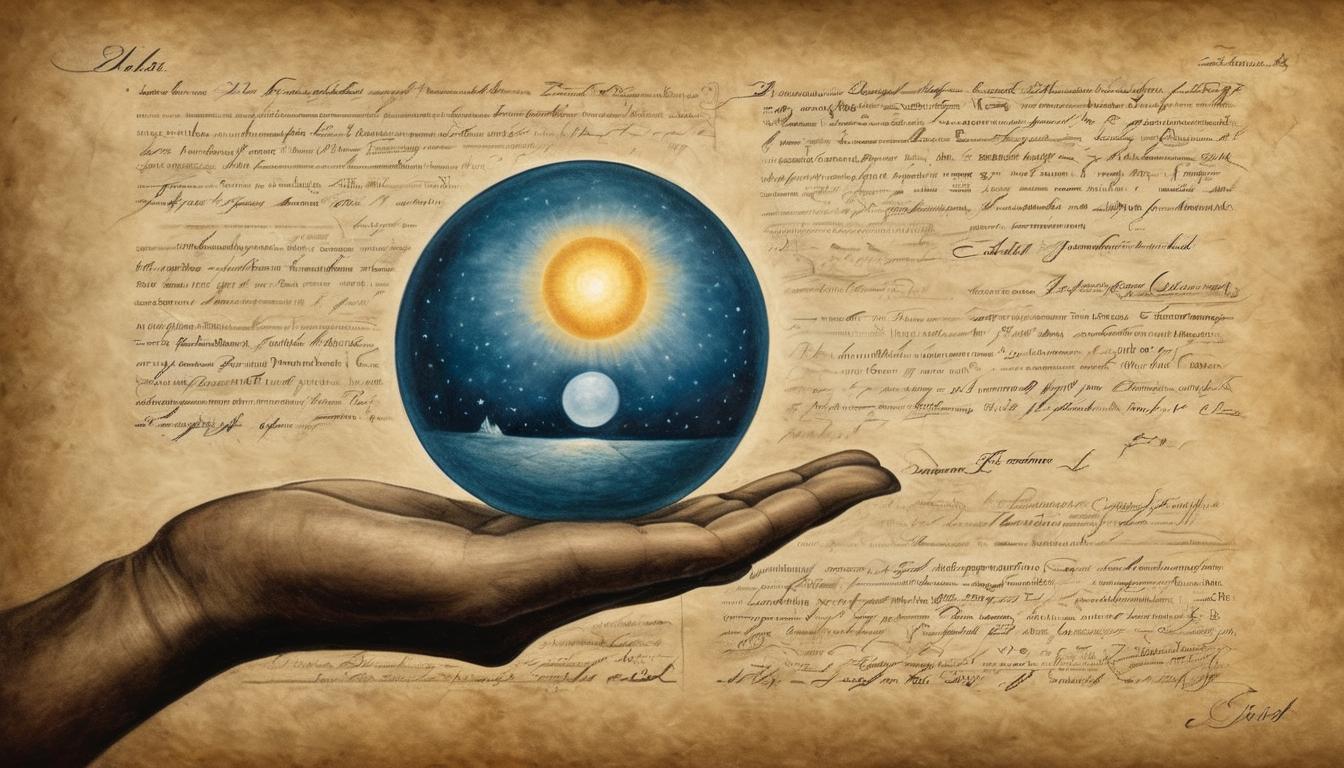  on parchment, surrealism++, hand holding glowing orb, radiant celestial light, guiding path, divine support, honor, journey(mysterious, provocative, symbolic)++