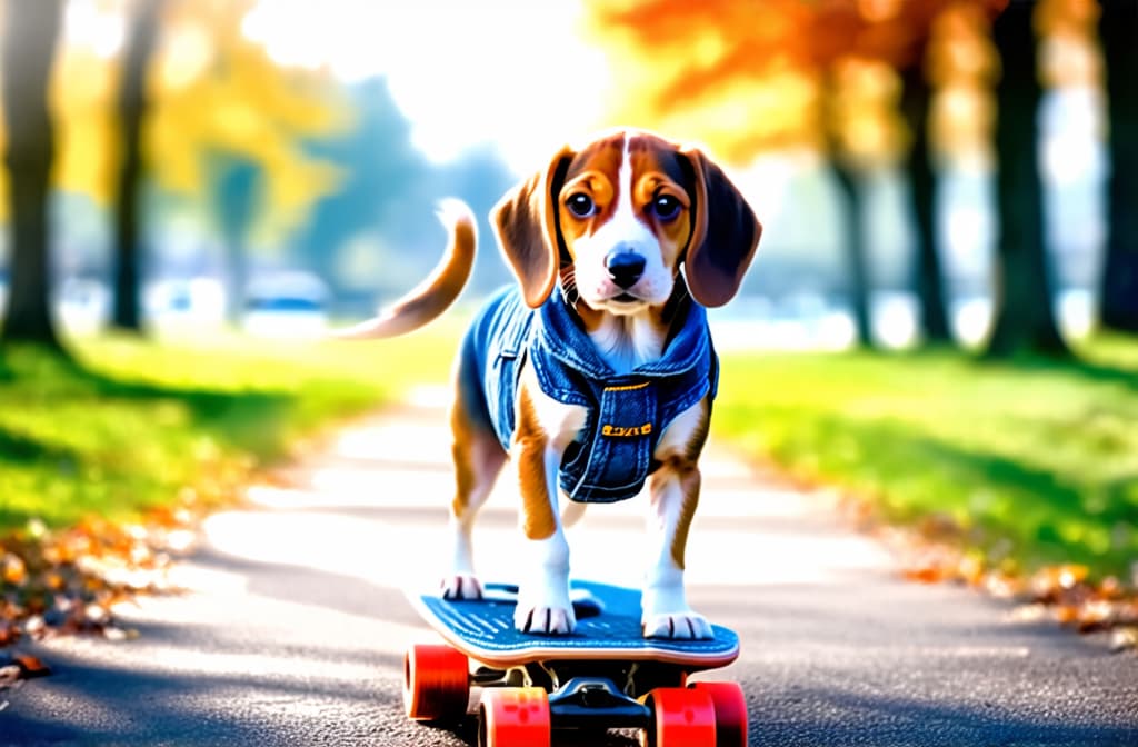  artwork a beagle puppy stands on a skateboard on a paved path in an autumn park in a denim vest , watercolor techniques, featuring fluid colors, subtle gradients, transparency associated with watercolor art