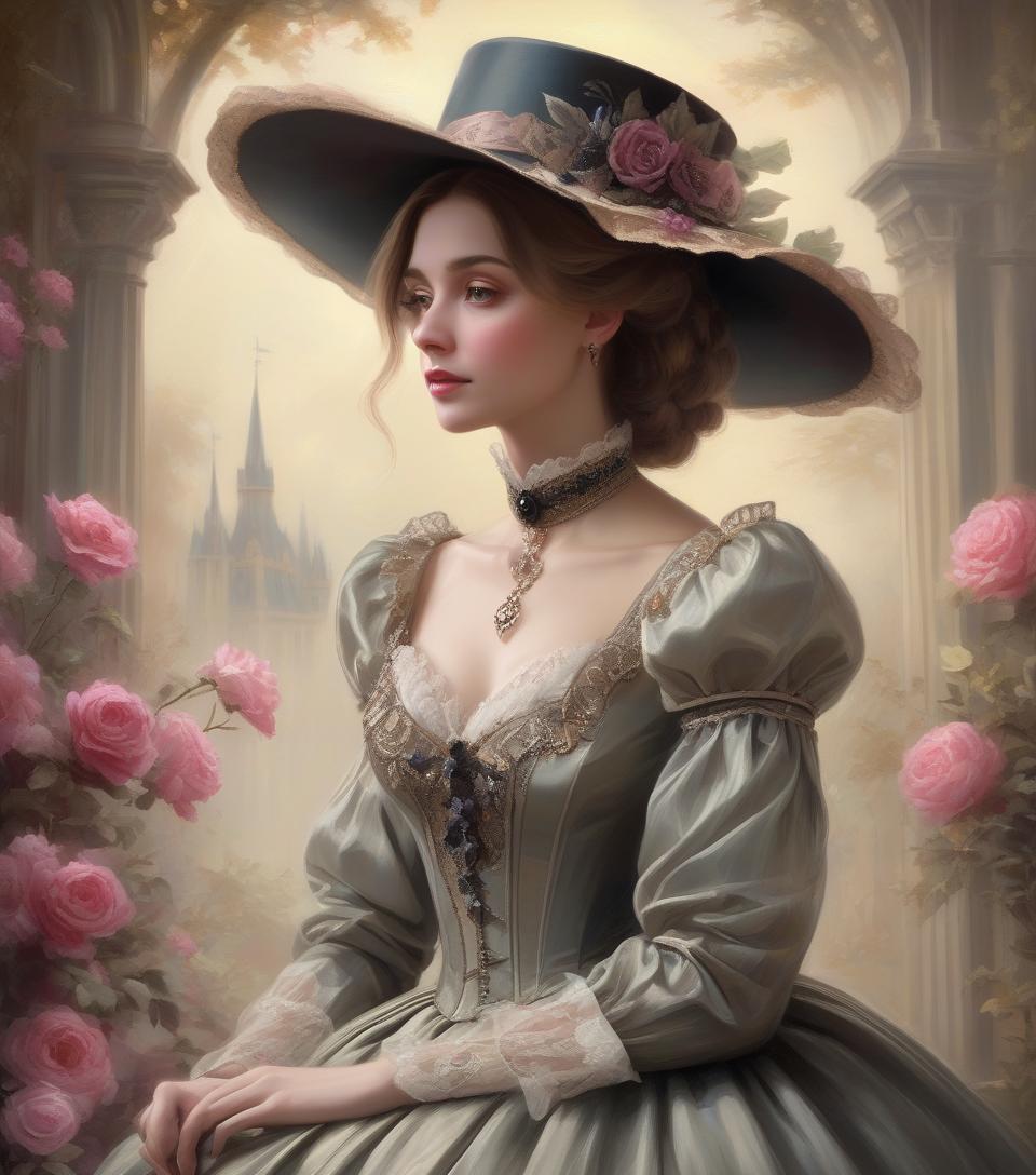  concept art painting of a woman in a dress and hat of the victorian era, in the style of the 1850s, beautiful fantasy painting, romantic painting, fantasy style, elegant oil painting, elegant and exquisite painting, very beautiful fantasy painting, detailed 3d gothic romantic era, painting . digital artwork, illustrative, painterly, matte painting, highly detailed