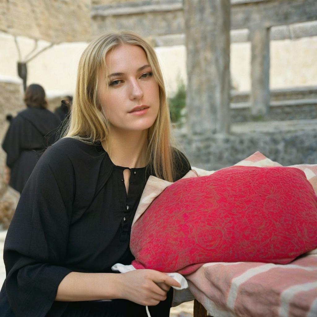  (very long fair hair), blondy hair, dressed in (closed black greek tunic) with (black greek trousers); maximum detail, maximum quality, specular lighting, shallow depth of field, smooth, cinematic film still, (bright light morning background ), film photography style