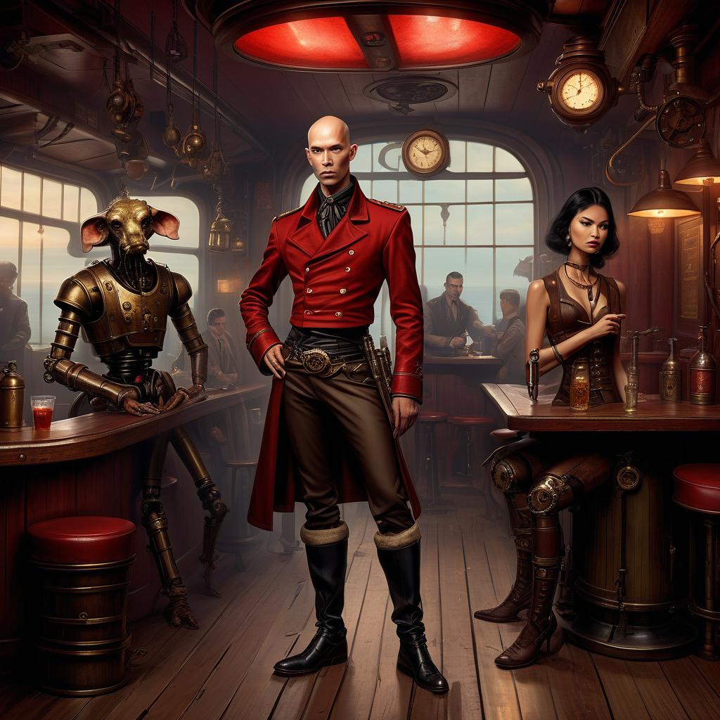  nautical themed a group of smugglers, a young of thai appearance, 20 year, small , elegant thin waist, long slender legs, black hair. a man with a , 40 year, small growth, bald, black. next to a droid and minotaur. full length image, steampunk, dieselpunk, paropunk, standing in a tavern, against a red light. . sea, ocean, ships, maritime, beach, marine life, highly detailed