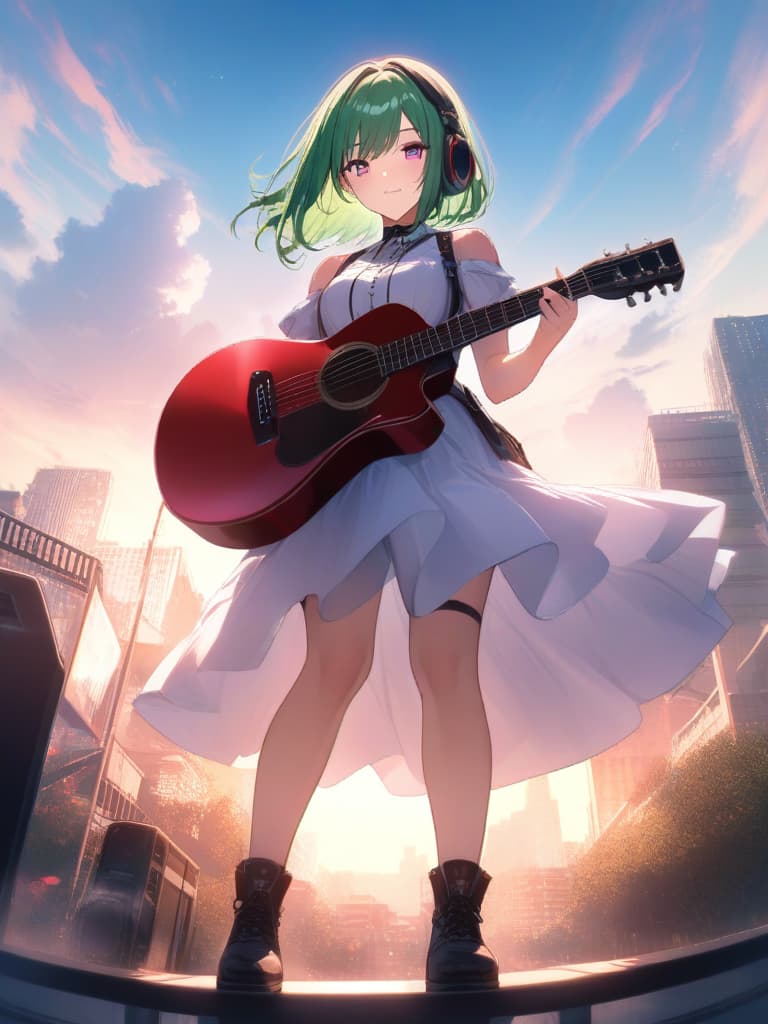  1girl,18yo,(((high school girl))),(((playing with an electric guitar:1.35))),green hair,short hair,purple eyes,headphone,very loud laugh,(((happy pose))),(((metallic focus))),music note effect,realistic hyperrealistic, full body, detailed clothing, highly detailed, cinematic lighting, stunningly beautiful, intricate, sharp focus, f/1. 8, 85mm, (centered image composition), (professionally color graded), ((bright soft diffused light)), volumetric fog, trending on instagram, trending on tumblr, HDR 4K, 8K