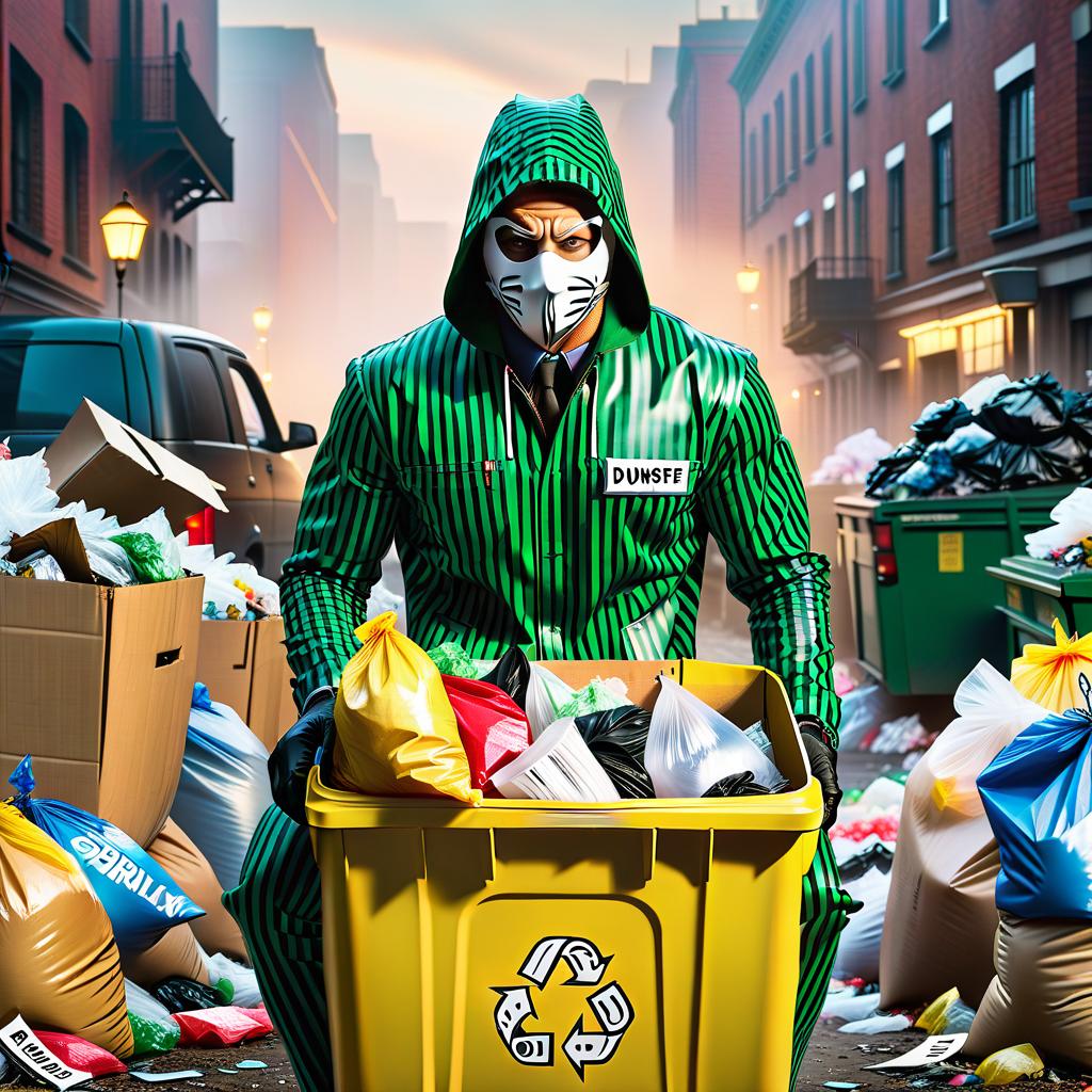  create a thief in a mask and striped suit. he may have a bag of trash in one hand. bright, contrasting colors to make the logo stand out. the name of the company "dumpster" can be written in large, bold font. the text can be played so that it looks like part of the action. a thief may be depicted above the company name, as if “stealing” letters or rubbish around them. hyperrealistic, full body, detailed clothing, highly detailed, cinematic lighting, stunningly beautiful, intricate, sharp focus, f/1. 8, 85mm, (centered image composition), (professionally color graded), ((bright soft diffused light)), volumetric fog, trending on instagram, trending on tumblr, HDR 4K, 8K