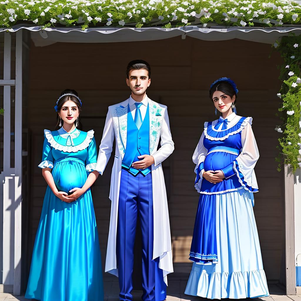  masterpiece, best quality, A 25-years-old man and two 22-years-old women dressed in formal attire, posing for a photo. The women are wearing a vibrant blue maternity mexican traditional dress with colorful ruffles and white trim, while the man is in a sharp suit with a blue tie. They are standing under a covered patio lit by warm lights, with a festive atmosphere in the background.