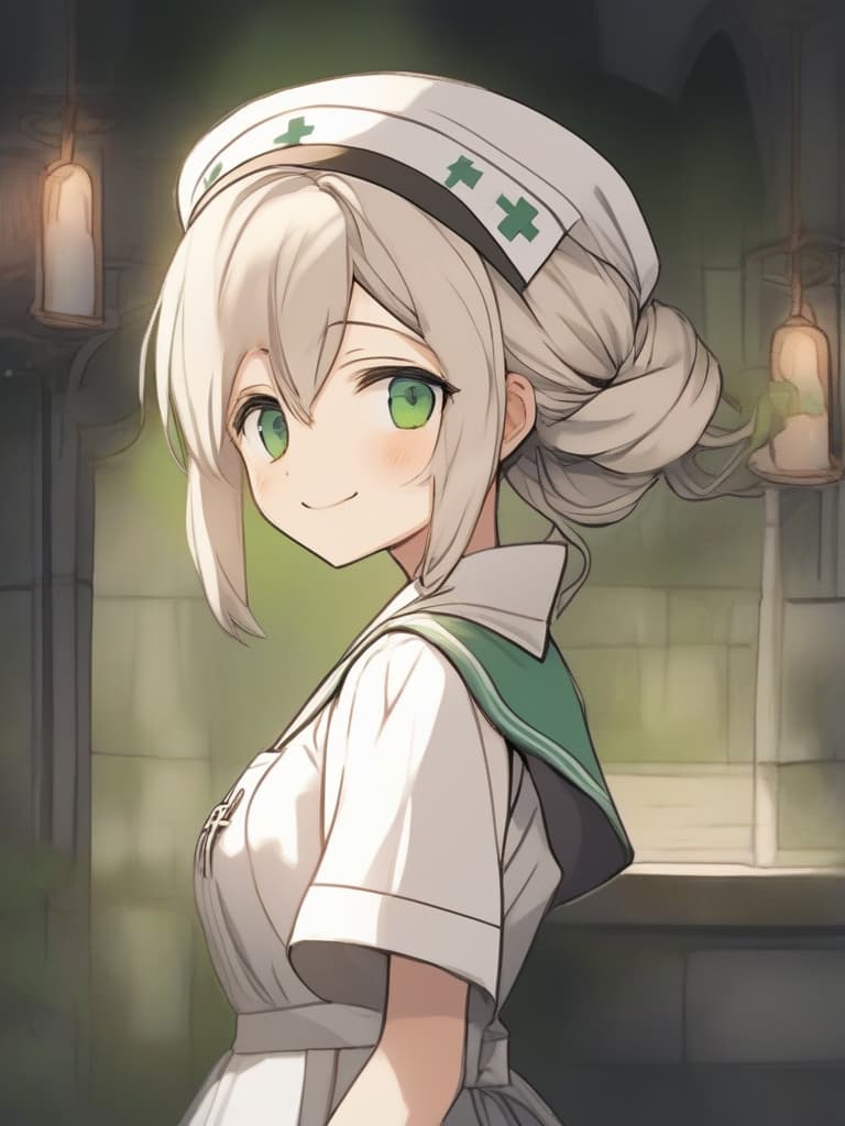  gentle illustration style {pretty lady}{beige hair color}{green eye color:1.2}{smile}{small chignon:}(smile){nightingale white nurse cap:}{nightingale white nurse outfit:}{nurse apron:}(upper body) medievalhospital background,high quality,16k,super analyzed.