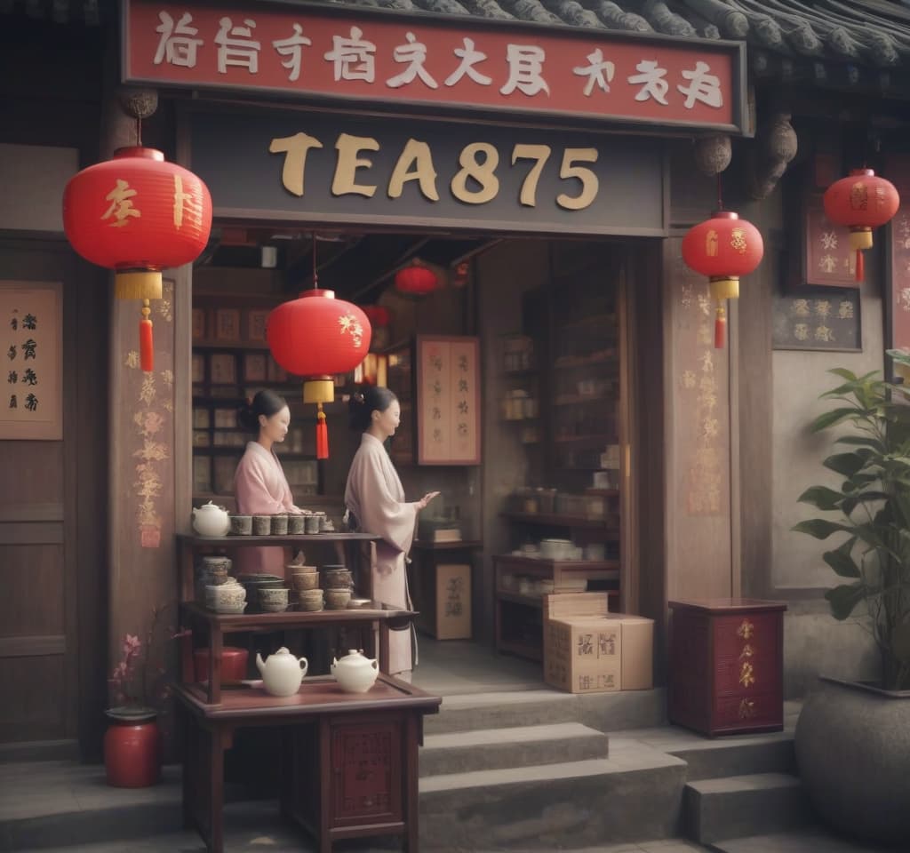  chinese town, tea store, tea ceremony, sign text “tea875”, epic foto, 4k