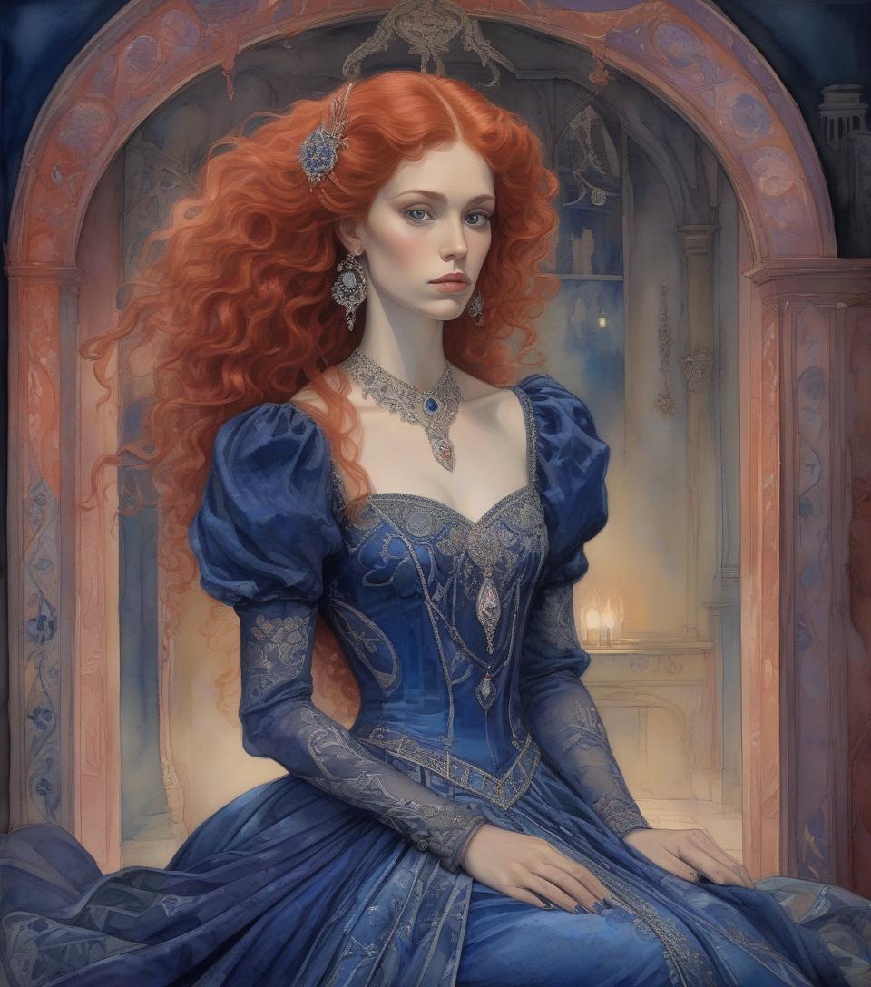  a portrait of a woman with voluminous red hair, fair skin, in a detailed blue gown with ornate jewelry, exuding a regal aura. ((watercolor oil painting, red lighting shadows, gail potocki, sergio toppi, leonor fini, sidney sime)) a beautiful young woman with hair the color of spun copper, adorned in a rich blue dress with violet hues, its fabric detailed with intricate silver embroidery that hints at a past life of opulence, now tarnished by loss. she is surrounded by forgotten treasures, the moonlight illuminating her lost dreams. a night black raven near her shoulder, maybe, she could mend the broken pieces of her own heart, one stitch at a time.