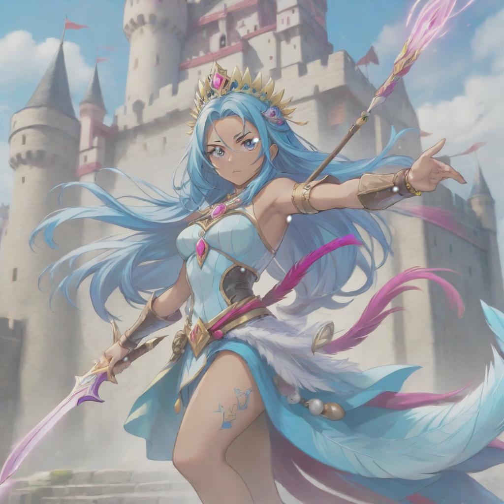  long exposure photo of portrait of strong rage amazonas queen archer. aqua eye. long blue hair. tilting head down, magenta mantle, shoulder pad feather, accessory necklace with pearls on the forehead, against the background of the castle siege . blurred motion, streaks of light, surreal, dreamy, ghosting effect, highly detailed, sticker, hkmagic