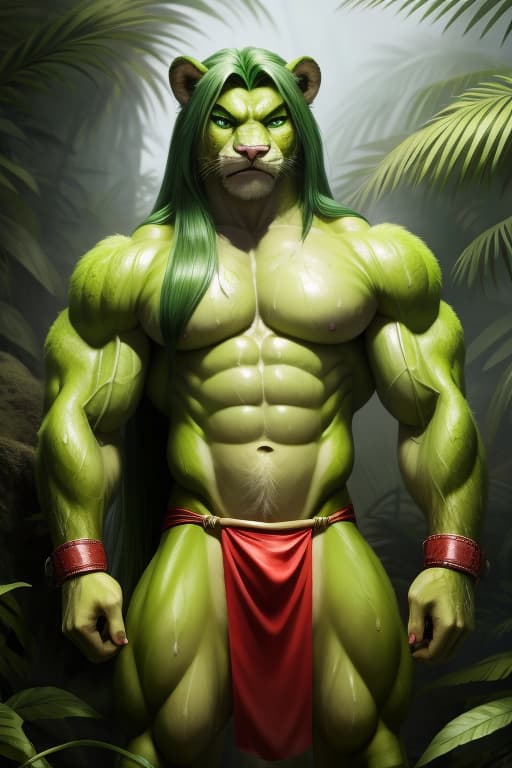  Cat Fursona, Male, Huge Muscles, Abs, Lime green fur, Lime Green long hair, Bright green eyes, Loin cloth, Wrist cuffs, sweaty, dirty, Jungle, Angry stare., open eyes, masterpiece, 4k, fine details,