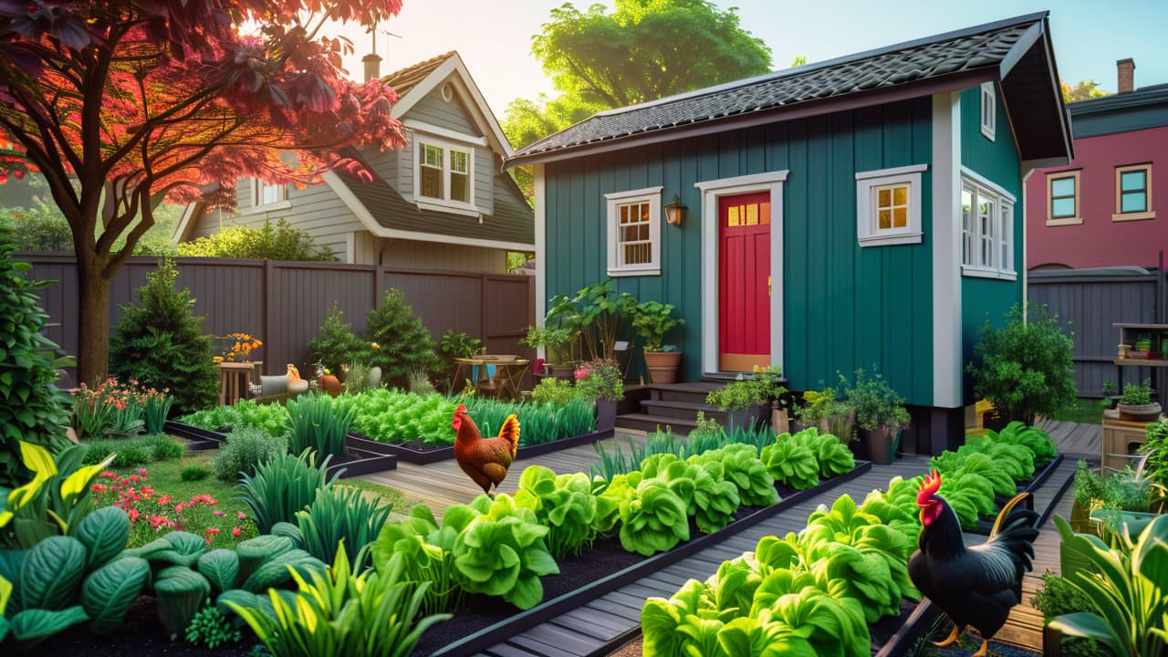  a lush urban garden featuring raised beds, chickens pecking, a small compost area, fruit trees, and herbs, all set against a backdrop of a cozy tiny house, surrounded by city buildings. hyperrealistic, full body, detailed clothing, highly detailed, cinematic lighting, stunningly beautiful, intricate, sharp focus, f/1. 8, 85mm, (centered image composition), (professionally color graded), ((bright soft diffused light)), volumetric fog, trending on instagram, trending on tumblr, HDR 4K, 8K