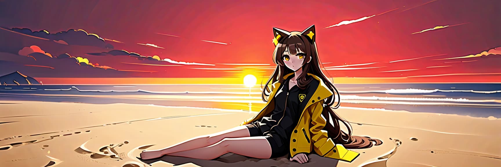  architectural style an anime girl with cat ears sits on the sand on the beach. she has long dark brown hair, which flies slightly in the breeze. her face, with pronounced jewish and slavic features, radiates lively energy. brown eyes are full of deep emotions, as if reflecting the vast expanses of the ocean. she wears a bright yellow coat, which seems to shine, catching the eye and contrasting with the soft shades of the sunset. under her coat she wears a black shirt and black shorts are decorated with yellow elements, creating a stylish and dynamic look. a bright red sunset turns into night, and the bright red rays of the sun fall on the terrain and contrast with the night darkness. . clean lines, geometric shapes, minimalist, modern, arch