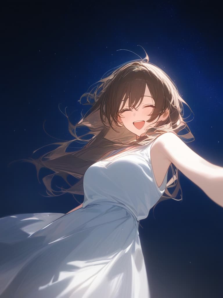  a girl laughing at me, bright brown hair, long hair, transparent ephemeral, black sleeveless dress, white cardigan, whole body facing in front, laughing, laughing, starry sky under the whole body, facing here, my eyes meet me, masterpiece, best quality,8k,ultra detailed,high resolution,an extremely delicate and beautiful,hyper detail