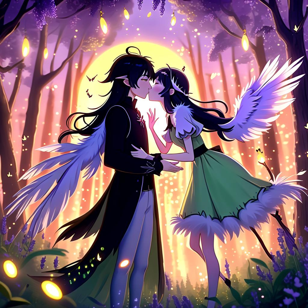  breathtaking anime 4k, a witch girl with black hair in a black dress and a hat with white feathers and a male elf in light green clothes, a sunset in the forest with lavender and fireflies, romance, kiss, anime, fiction, 4k, love, fairy tale, magic . award winning, professional, highly detailed