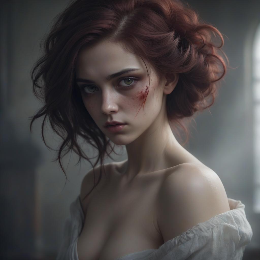  a girl with a brooding look, bloody hair, graceful and beautiful figure, high detail, soft light, artistic style, mysterious atmosphere